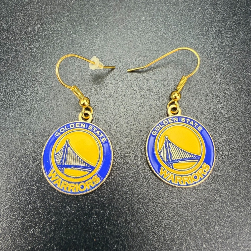 Golden State Warriors Logo Dangle Earrings Aminco NBA Basketball Blue Gold Color